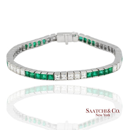 Platinum 950 Custom Made Natural Diamond and Emerald Bezel Tennis Bracelet