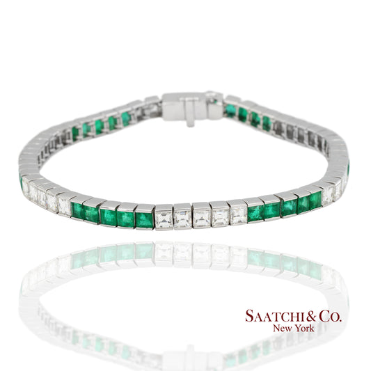 Platinum 950 Custom Made Natural Diamond and Emerald Bezel Tennis Bracelet