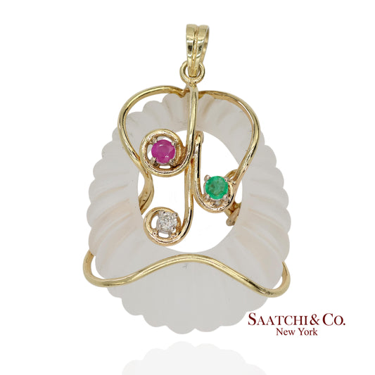 14K 585 Yellow Gold Natural Stones Pendant Necklace