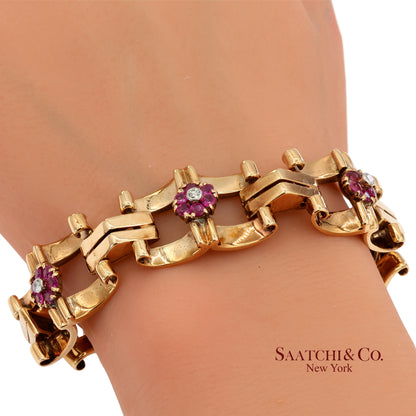Vintage 0.15 Ct Natural Diamond and 1.20 Ct Ruby Bracelet in 14K Rose Gold