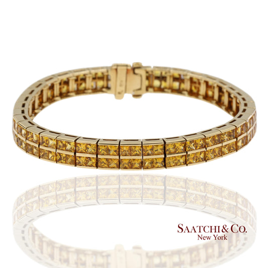 12.50 Ct Natural Yellow Sapphire Princess Cut Bracelet in 18K Yellow Gold