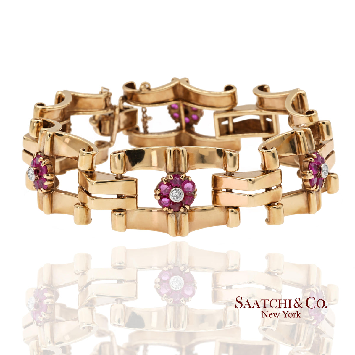 Vintage 0.15 Ct Natural Diamond and 1.20 Ct Ruby Bracelet in 14K Rose Gold