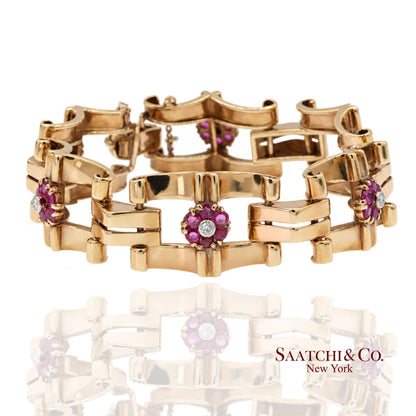 Vintage 0.15 Ct Natural Diamond and 1.20 Ct Ruby Bracelet in 14K Rose Gold