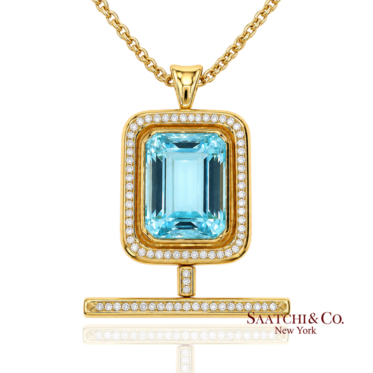 GIA 60 Ct Aquamarine and 4 Ct Diamond 18K Yellow Gold Convertible Pendant Brooch