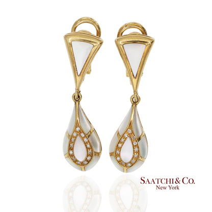 18K Yellow Gold 0.50 ct Natural Diamond and Mother of Pearl Omega Back Earrings