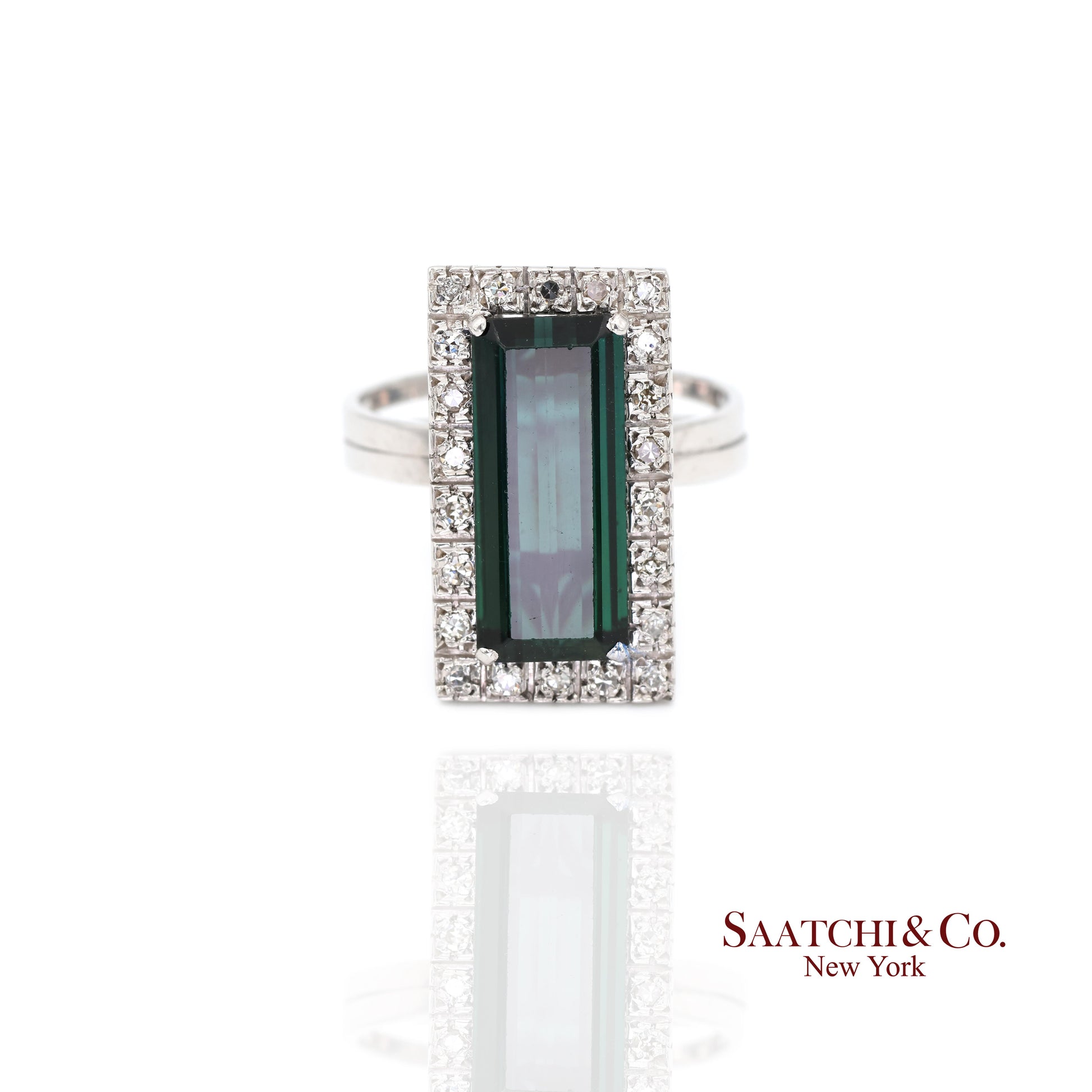 Pt 900 Natural Green Tourmaline and Natural Diamond Ring