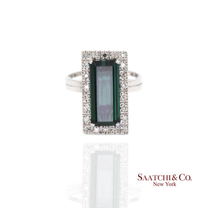 Pt 900 Natural Green Tourmaline and Natural Diamond Ring