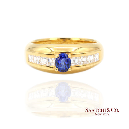 18k (750) Yellow Gold Natural Blue Sapphire and Natural Diamond Ring