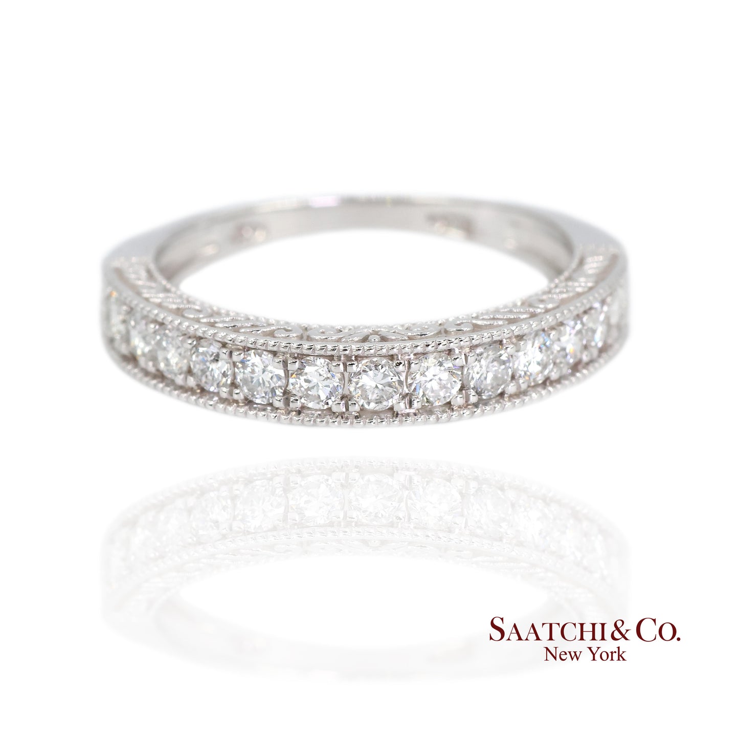 14k (585) White Gold Natural Diamond Engraved Band Ring