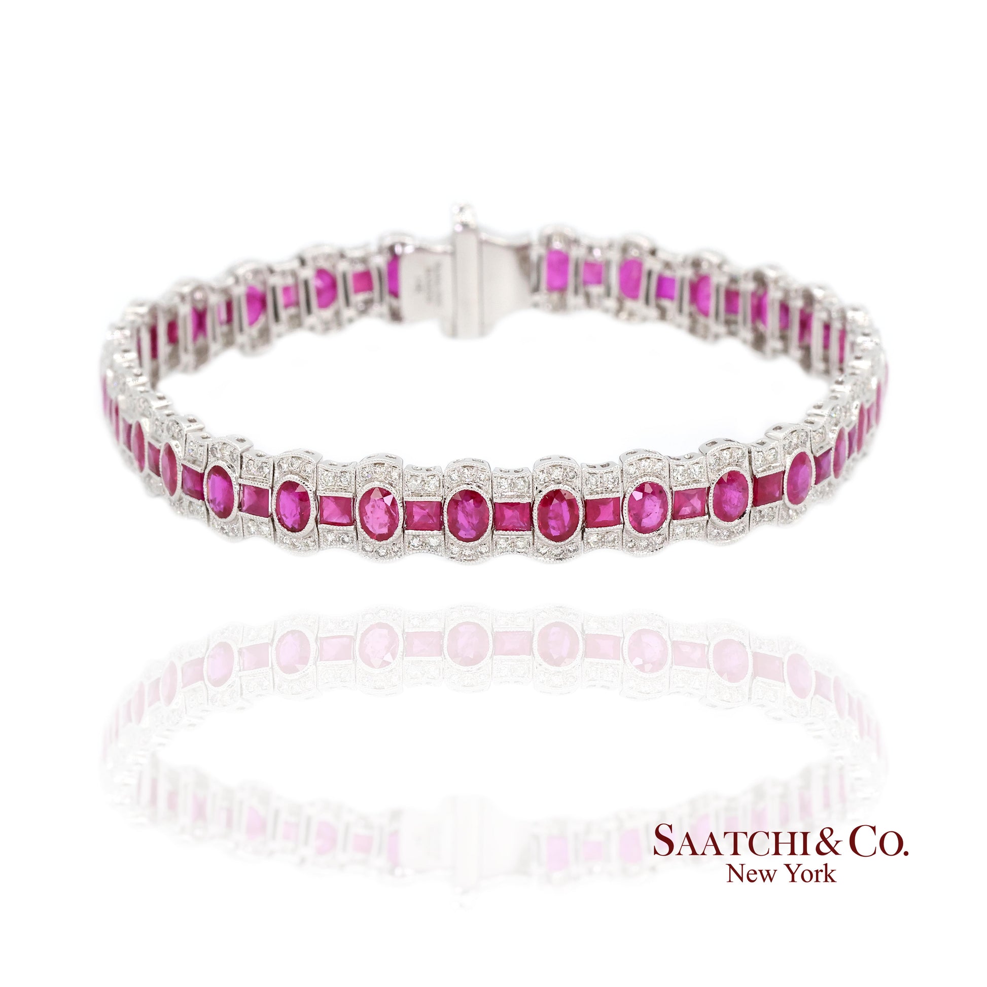 14K White Gold Natural Ruby Diamond Tennis Bracelet Milgrain Setting