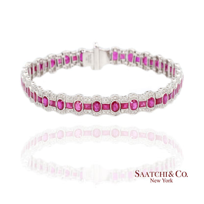 14K White Gold Natural Ruby Diamond Tennis Bracelet Milgrain Setting