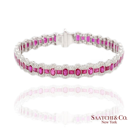 14K White Gold Natural Ruby Diamond Tennis Bracelet Milgrain Setting