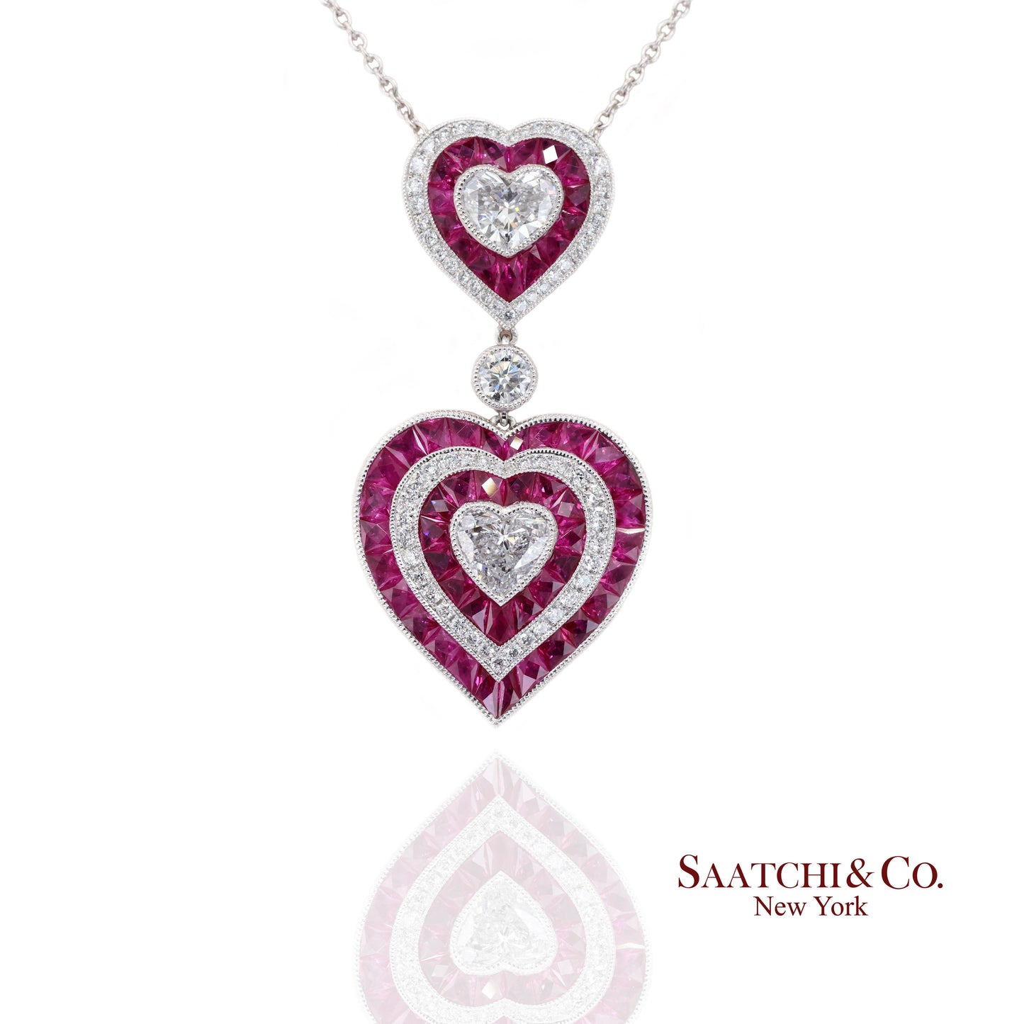 GIA Platinum 950 Double Heart Natural Burma Ruby Milgrain Pendant Necklace