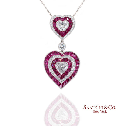GIA Platinum 950 Double Heart Natural Burma Ruby Milgrain Pendant Necklace