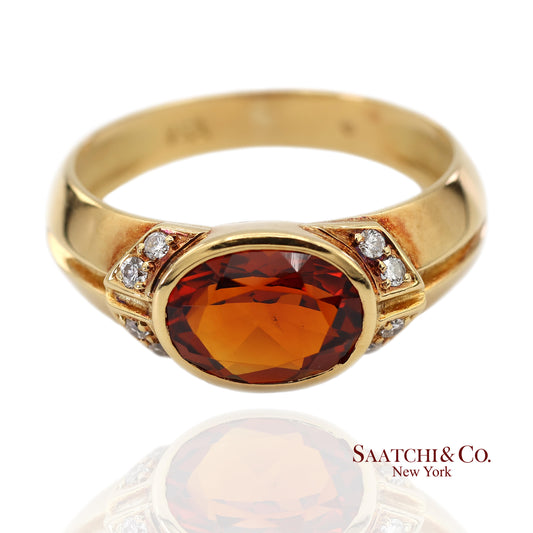18K(750) Solid Yellow Gold Natural Diamond Mandarin Garnet Ring