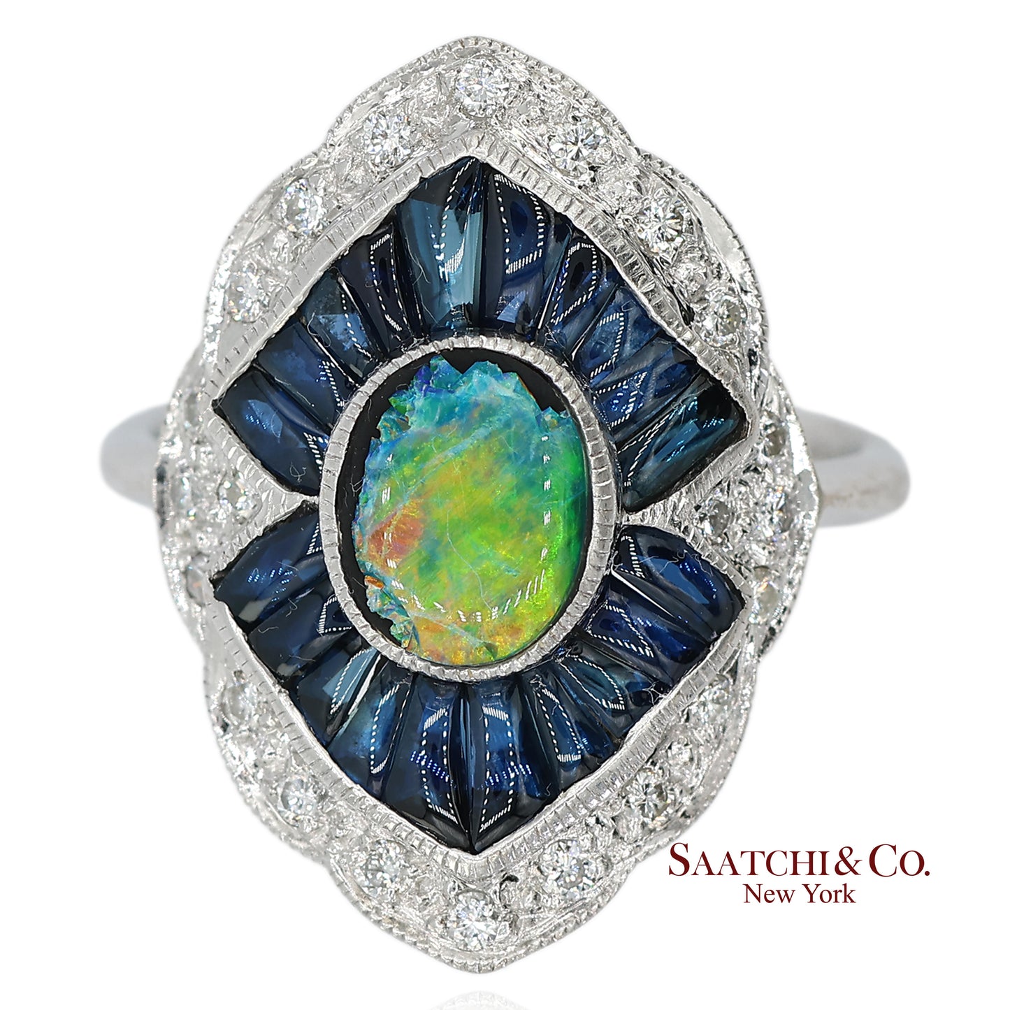 18K(750) Solid White Gold Natural Diamond Sapphire and Opal Ring