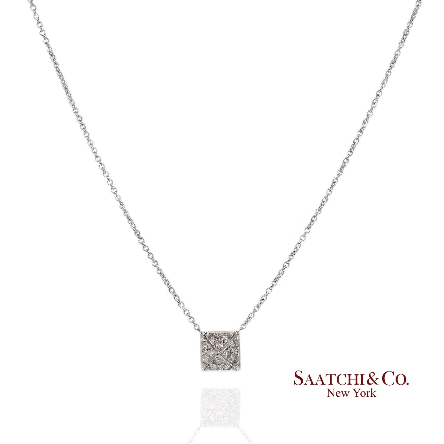 18K(750) White Gold Natural Diamond Square Shape Pendant Necklace with Chain