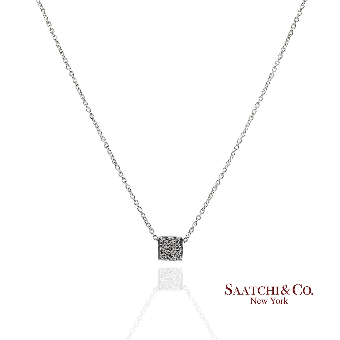 18K(750) White Gold Natural Diamond Square Box Shape Pendant Necklace with Chain