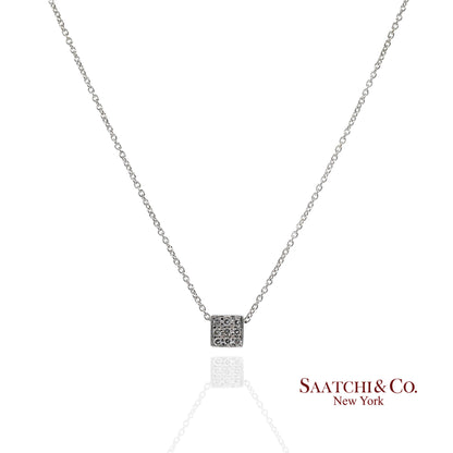 18K(750) White Gold Natural Diamond Square Box Shape Pendant Necklace with Chain