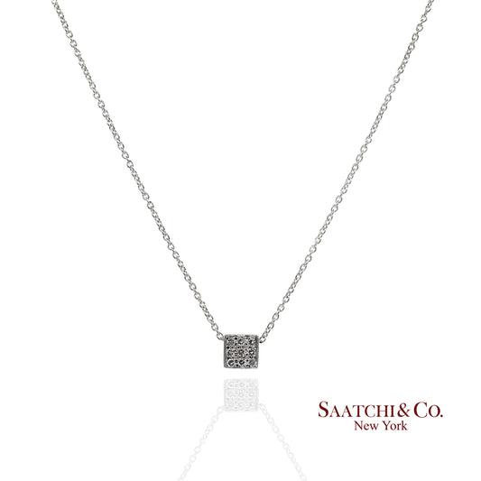 18K(750) White Gold Natural Diamond Square Box Shape Pendant Necklace with Chain