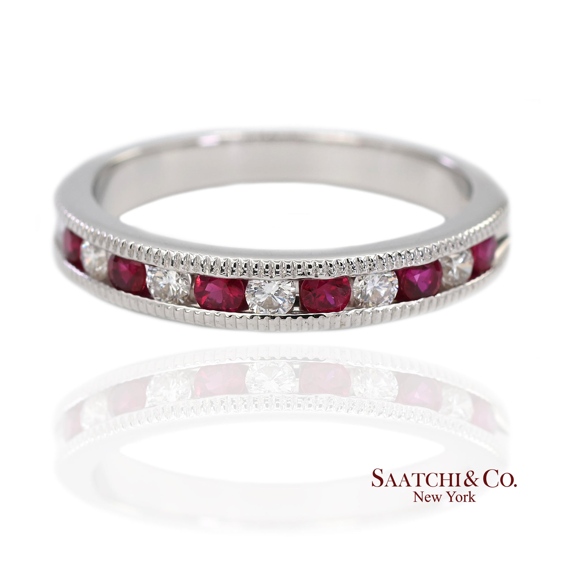 14K (585) Solid White Gold Natural Diamond and Ruby Half Band Ring