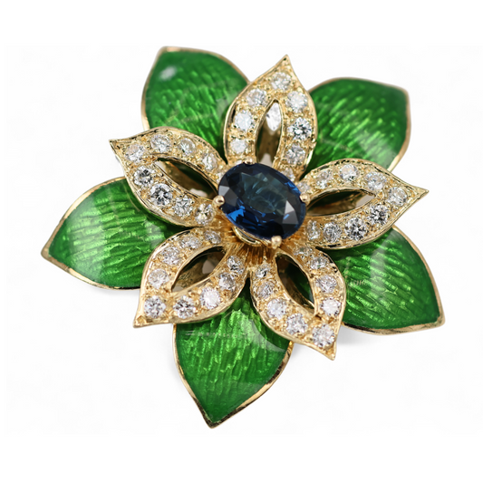 Green Enamel Sapphire Diamond Pin / Brooch