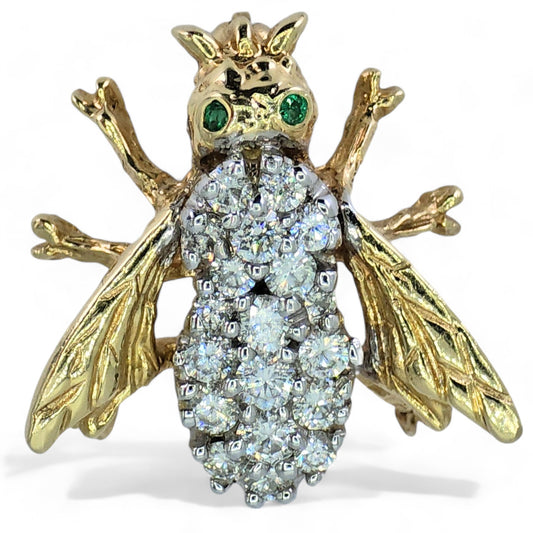 Exquisite 14K Yellow Gold Diamond and Emerald Bee Pin / Brooch.