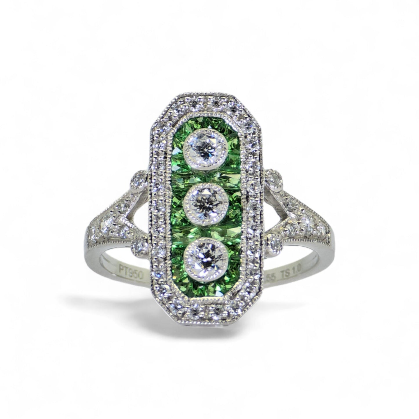 1 Ct Tsavorite & 0.55 Ct Natural Diamond - Platinum (950), Ring - Size 7 - 5.41g