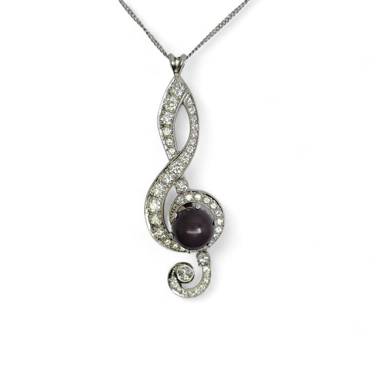 Black Pearl, 14K(585) white gold Pendant, Natural Diamond, Musical g Clef symbol