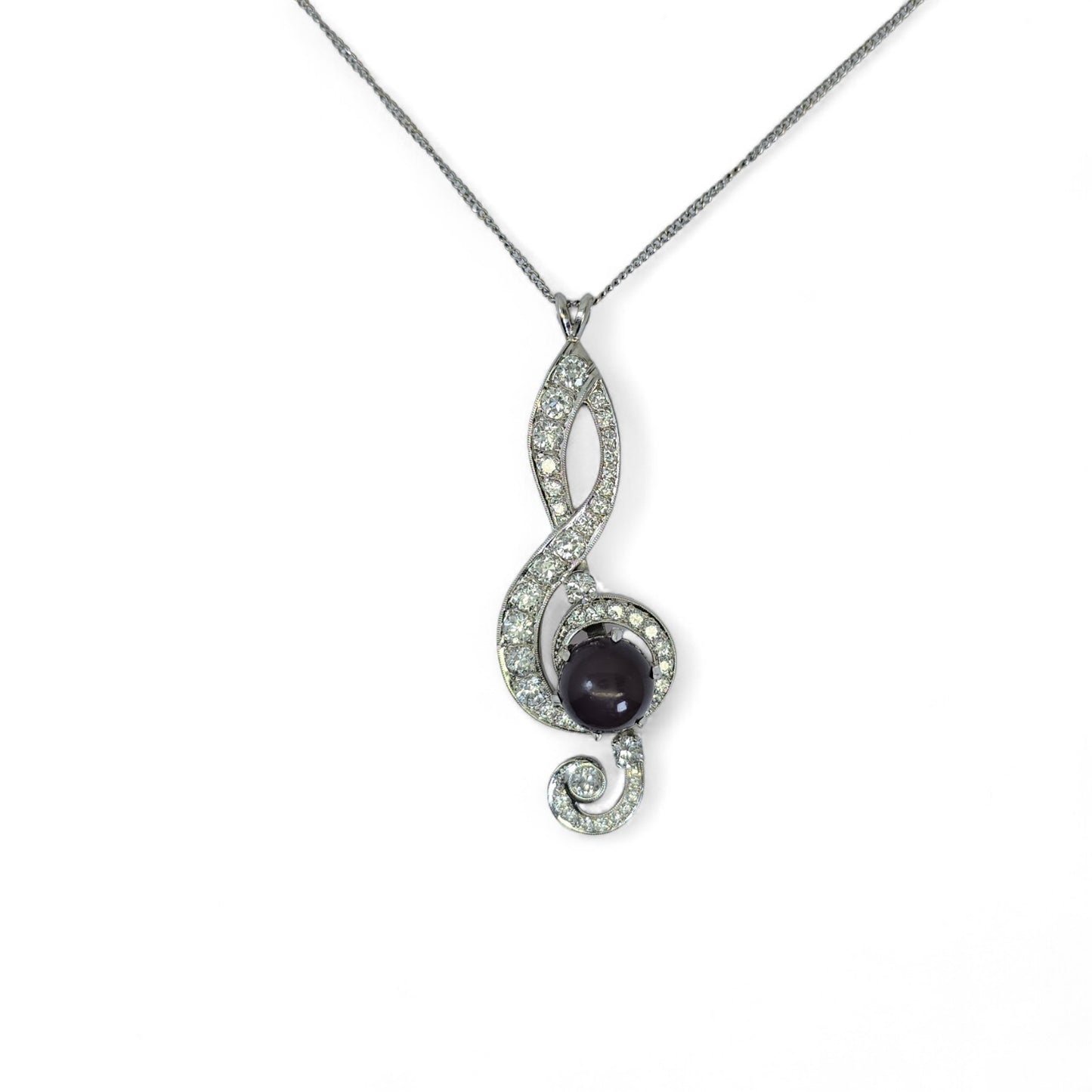 Black Pearl, 14K(585) white gold Pendant, Natural Diamond, Musical g Clef symbol