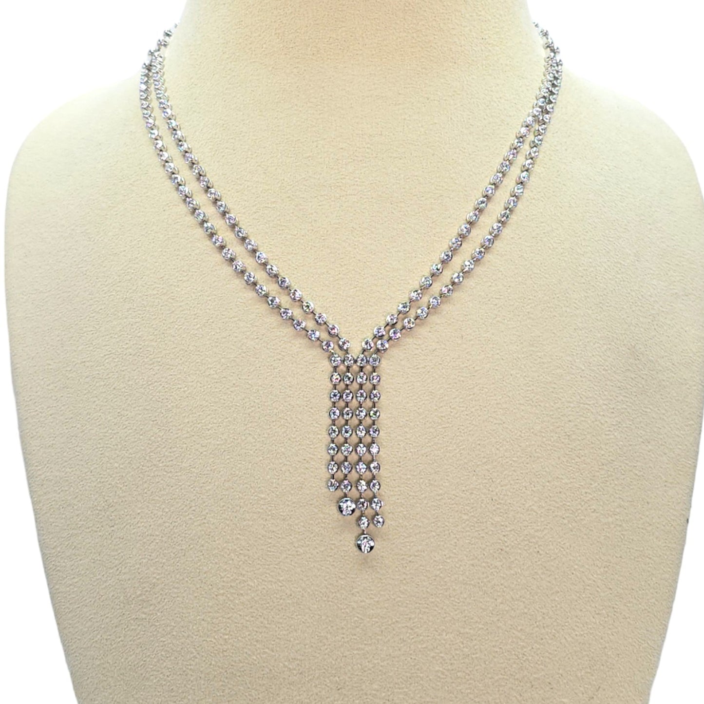 Stunning Double Row Tennis Necklace - 18K (750) White Gold Natural VVS Diamond