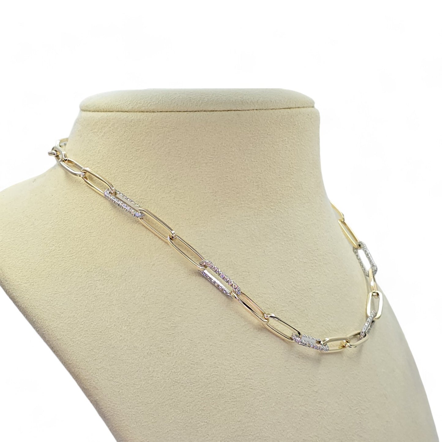 14K (585) White - Yellow Gold Two tone PaperClip shape Necklace -Natural Diamond