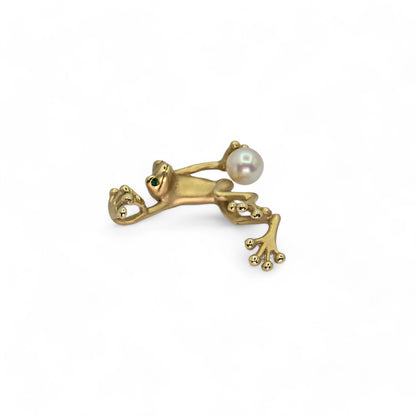 18K (750) Yellow Gold - Frog Shape Unique Pendant -Natural White Pearl & Emerald