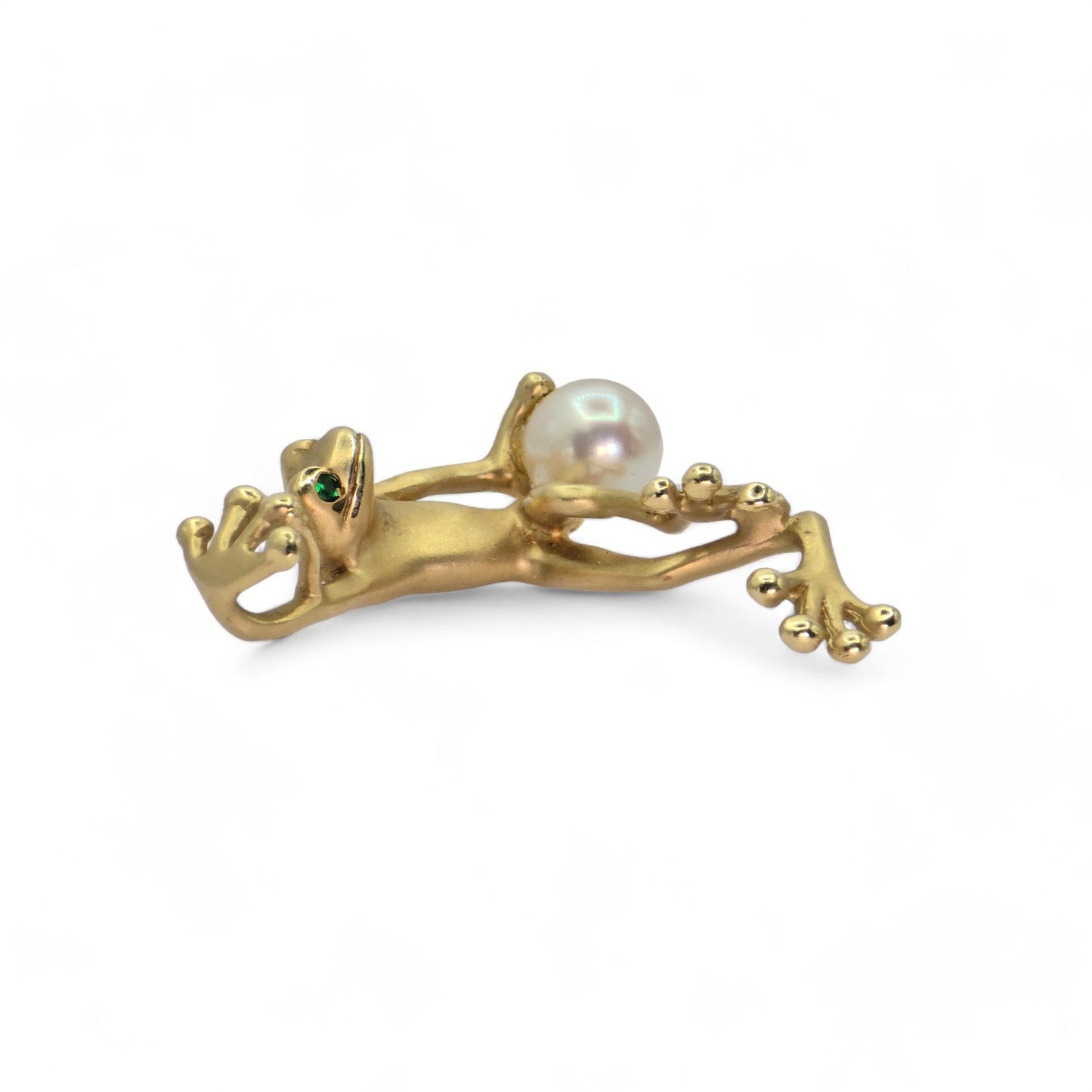 18K (750) Yellow Gold - Frog Shape Unique Pendant -Natural White Pearl & Emerald