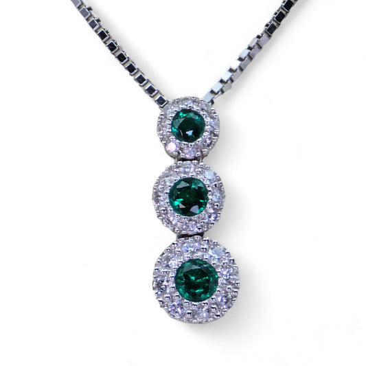 14K (585) White Gold Natural Diamond & Emerald Pendant With Chain