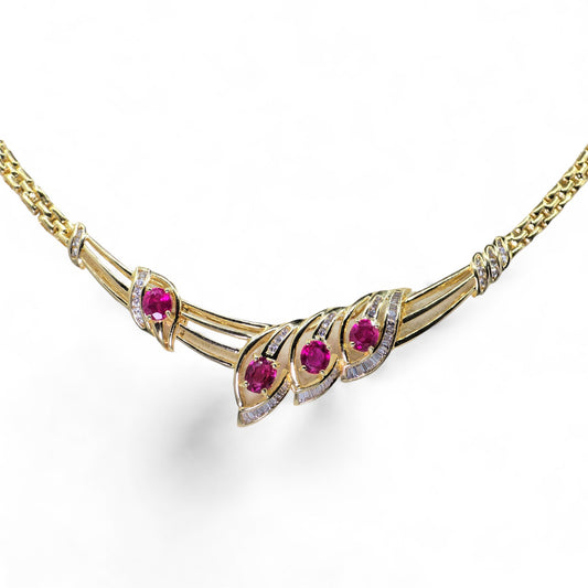 18K (750) Yellow Gold - Natural Diamond & Burmese Ruby: Necklace