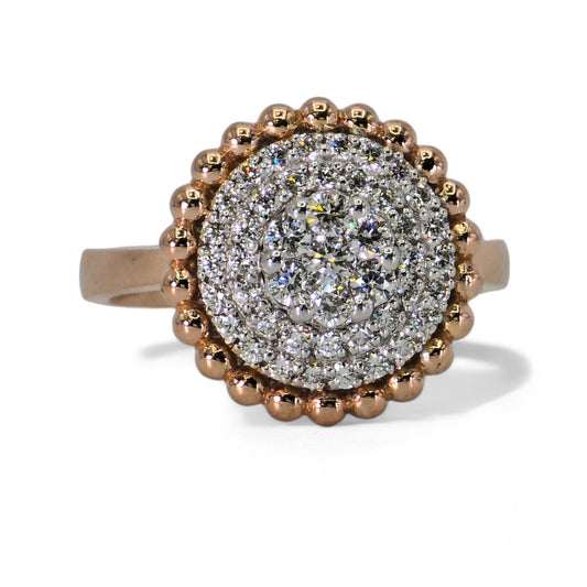 Elegant Two-Tone 18K Rose Gold Ring with Round Diamond, Prong Pave Setting.