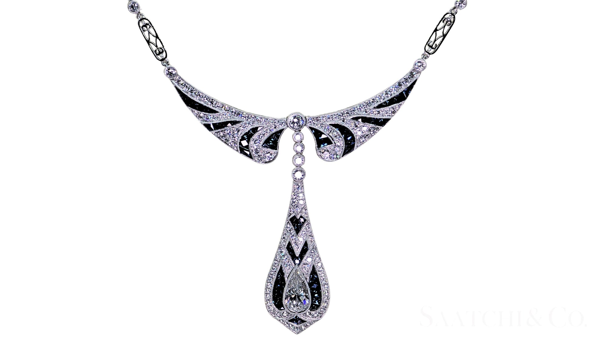 GIA Certified Diamond and Natural Sapphire in Platinum 950 Elegant Necklace