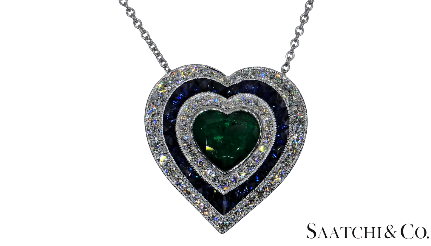 Platinum (950) Heart Shape Natural Emerald Sapphire Diamond Pendant With Chain