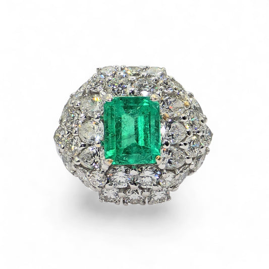 18K White Gold- Round Pear & Marquise Natural Diamond - Natural Emerald: Ring