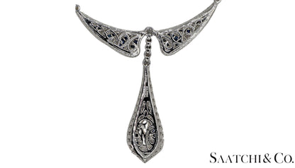 GIA Certified Diamond and Natural Sapphire in Platinum 950 Elegant Necklace