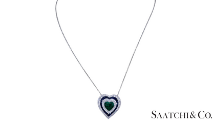 Platinum (950) Heart Shape Natural Emerald Sapphire Diamond Pendant With Chain