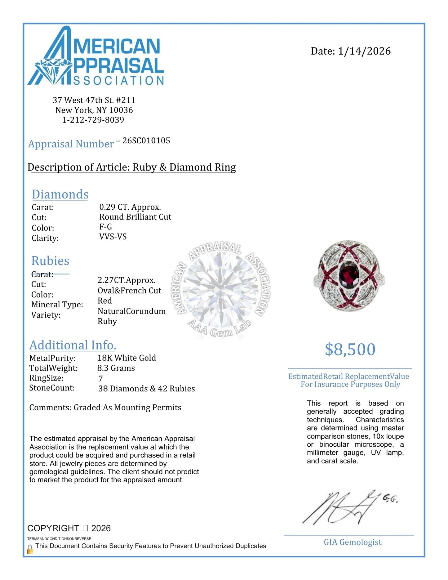 18K (750) White Gold Natural White VVS Diamond & Ruby Ring Size 7