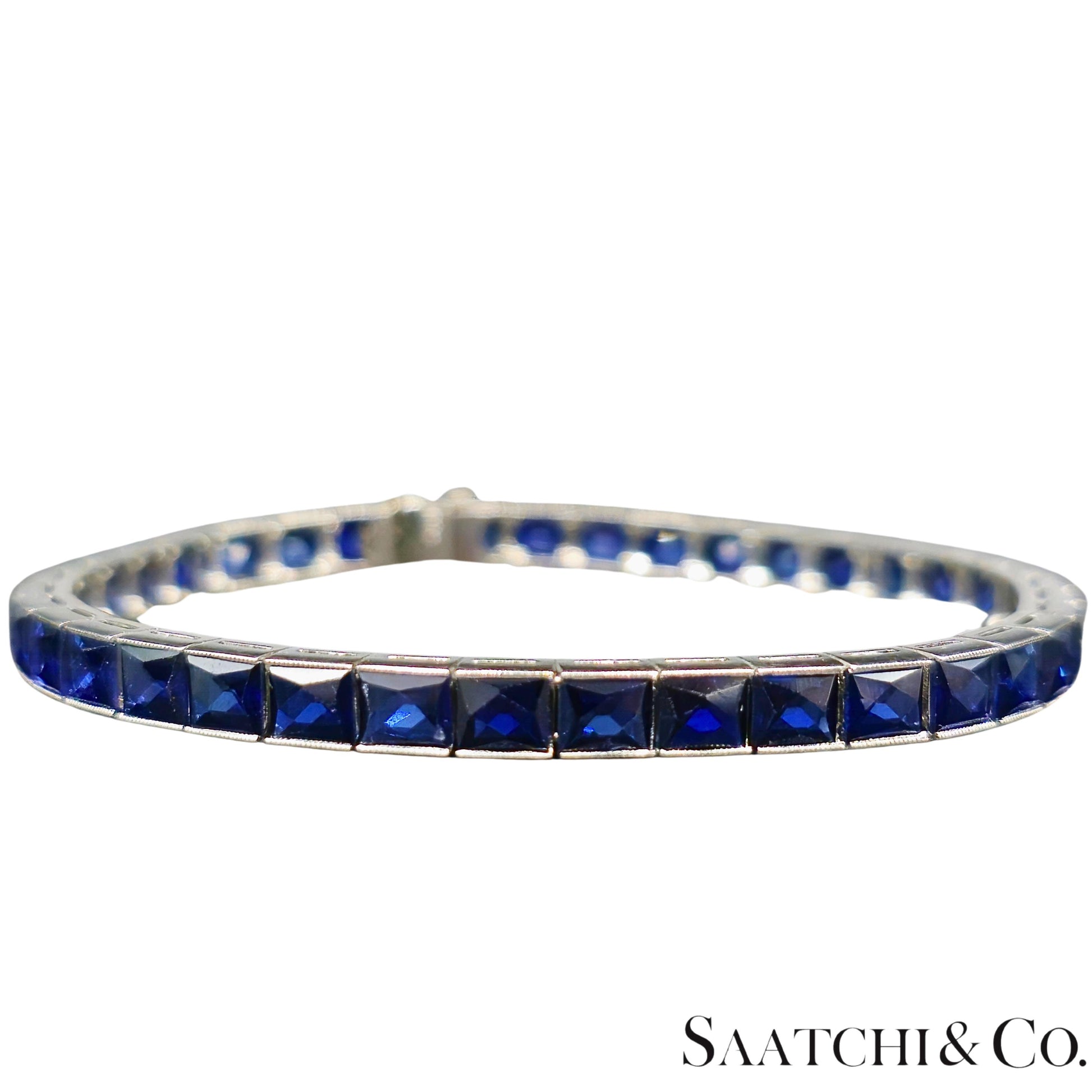 Platinum (950) LAB Created Top Quality Sapphire Grench Cut: Tennis Bracelet