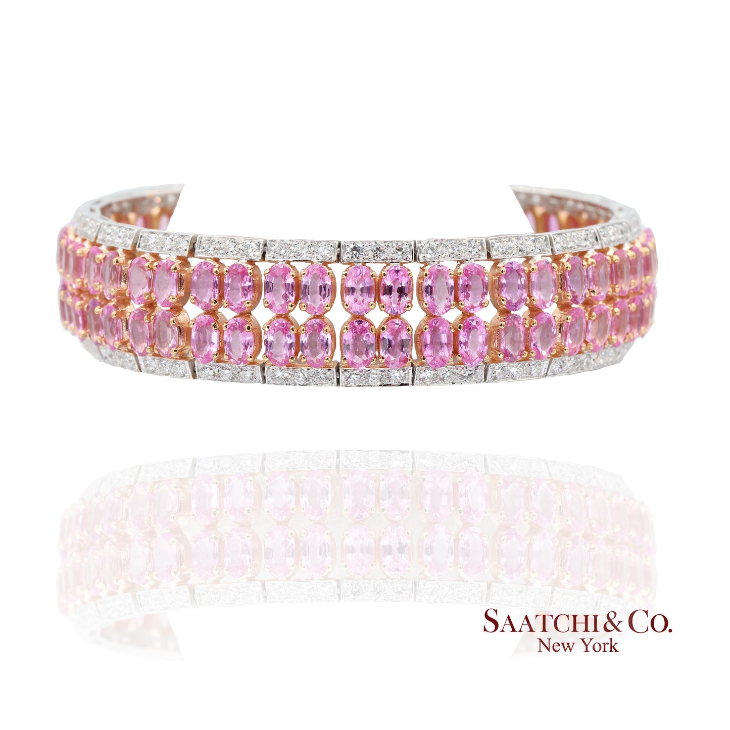 18k (750) White Gold Natural Pink Sapphire and Diamond Bangle Bracelet