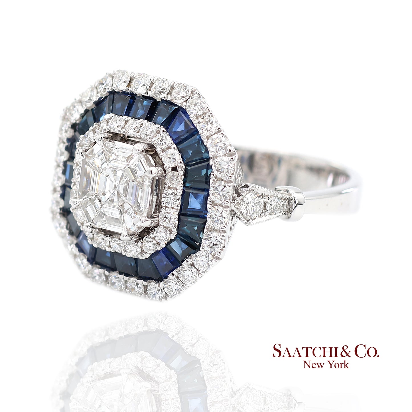 18K(750) White Gold Royal Blue Sapphire and Asscher Pie Cut Natural Diamond Ring