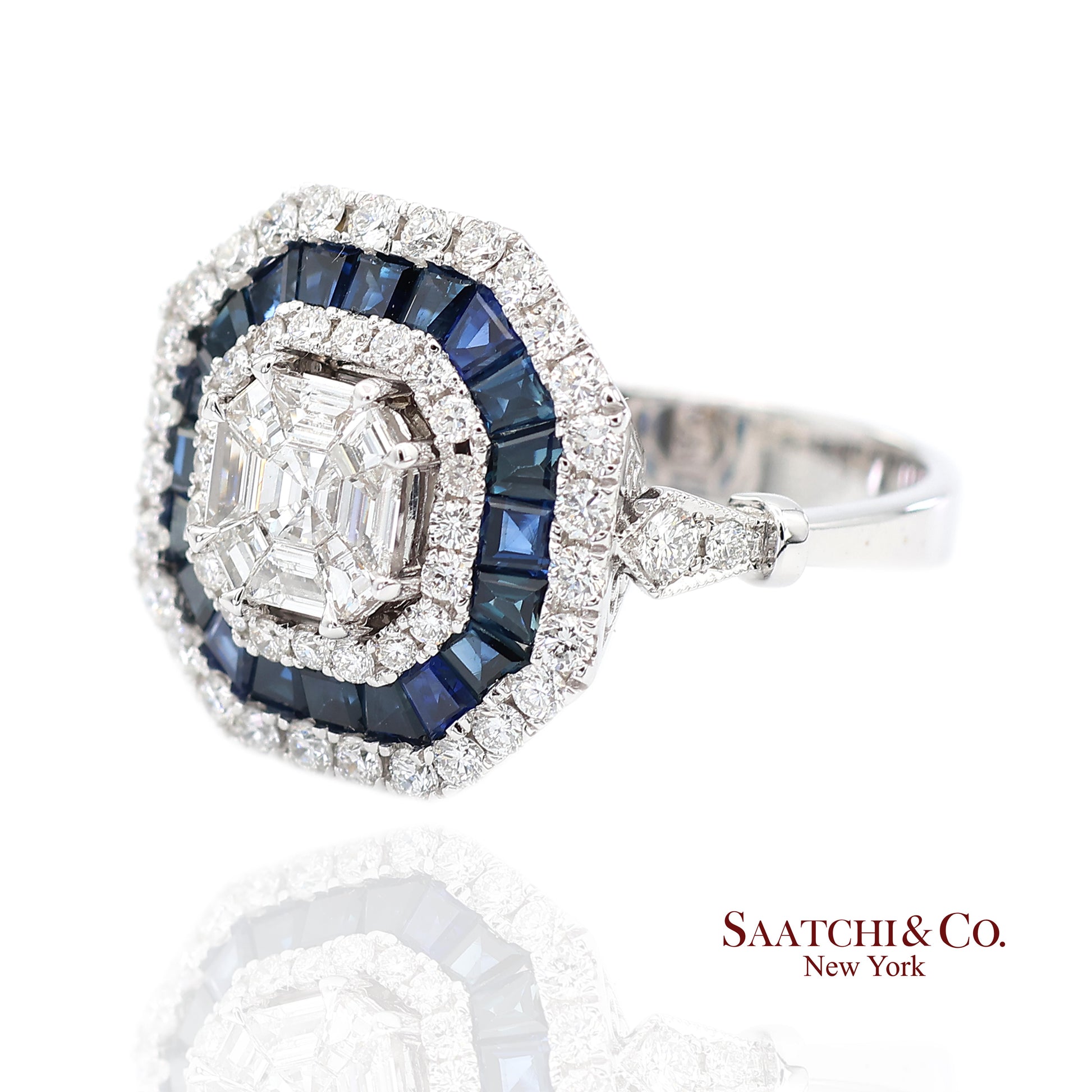 18K(750) White Gold Royal Blue Sapphire and Asscher Pie Cut Natural Diamond Ring