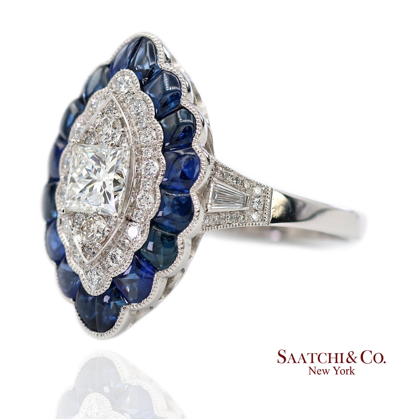 Platinum (950) Natural Diamond and Natural Sapphire Milgrain Ring