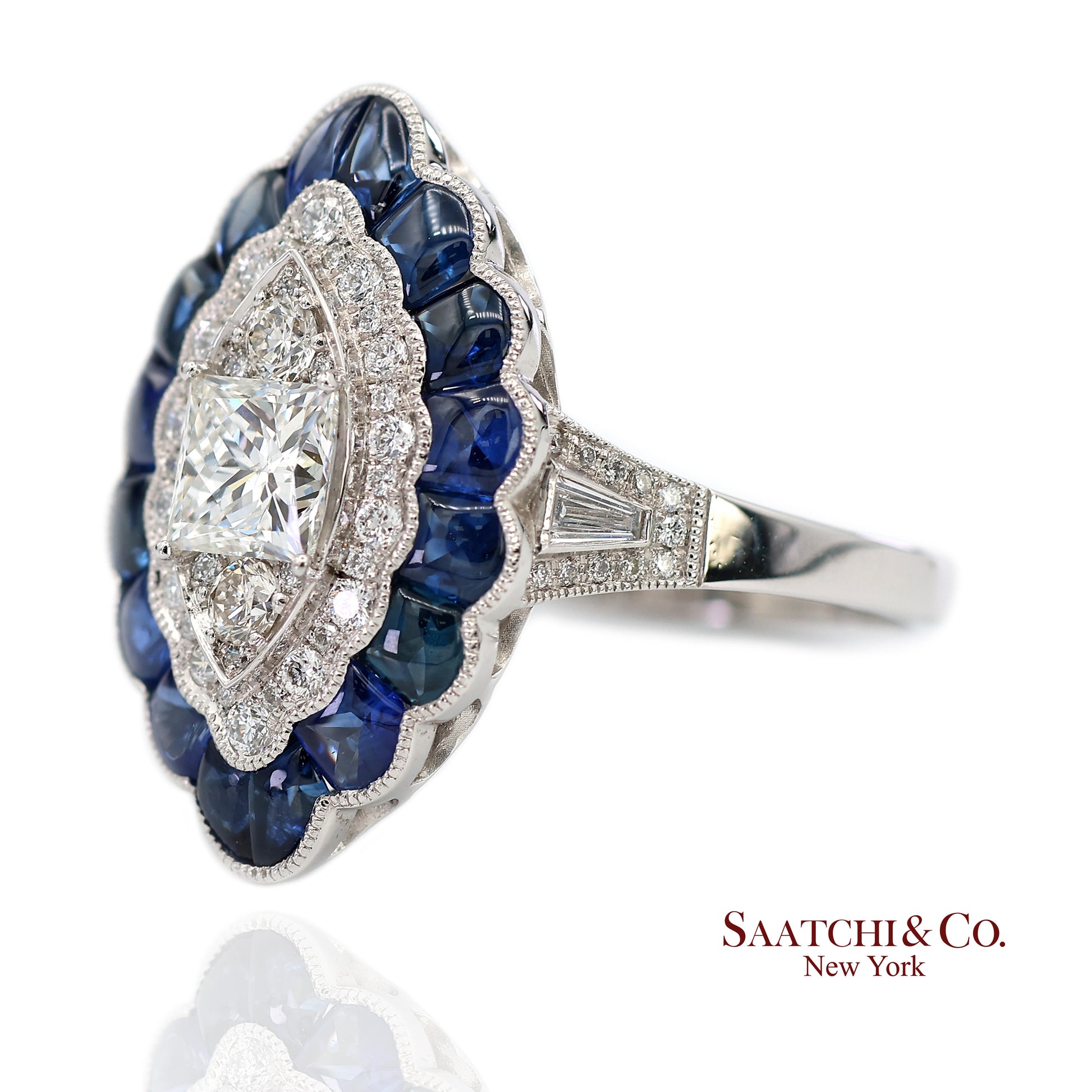 Platinum (950) Natural Diamond and Natural Sapphire Milgrain Ring