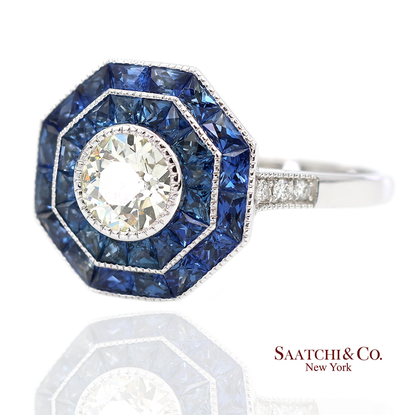 Platinum 950 Natural Diamond and Natural Sapphire Milgrain Ring